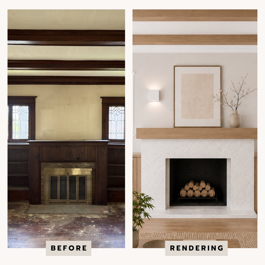 Before-and-after rendering: a dark dated fireplace reimagined in warm marble and oak