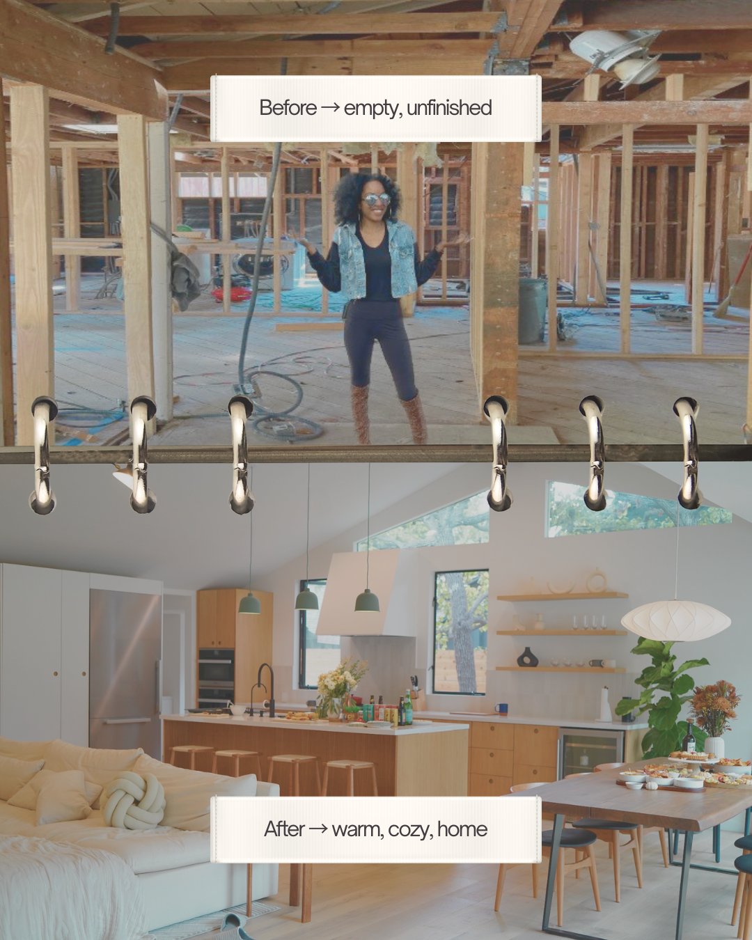 Before-and-after: an unfinished framed home transformed into a warm, open-plan kitchen and living space