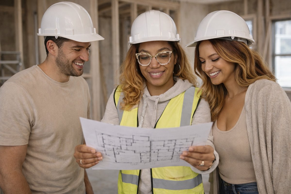 Krystal reviewing architectural floor plans on-site with clients