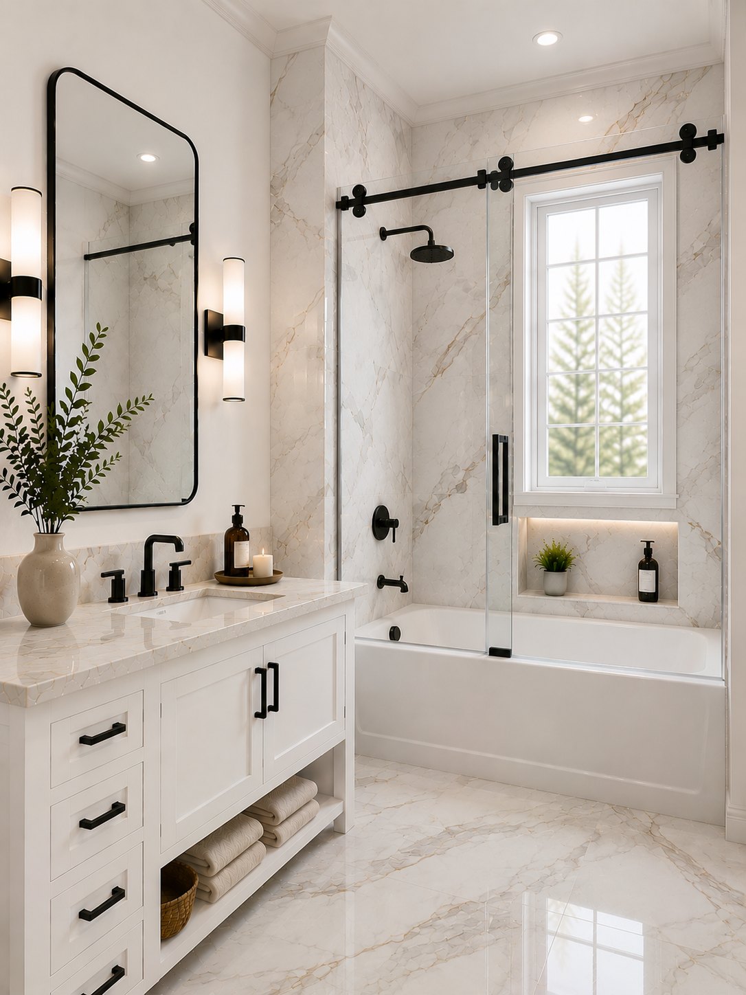Warm, marble-clad primary bath designed by Krystal Hudson Design Studio